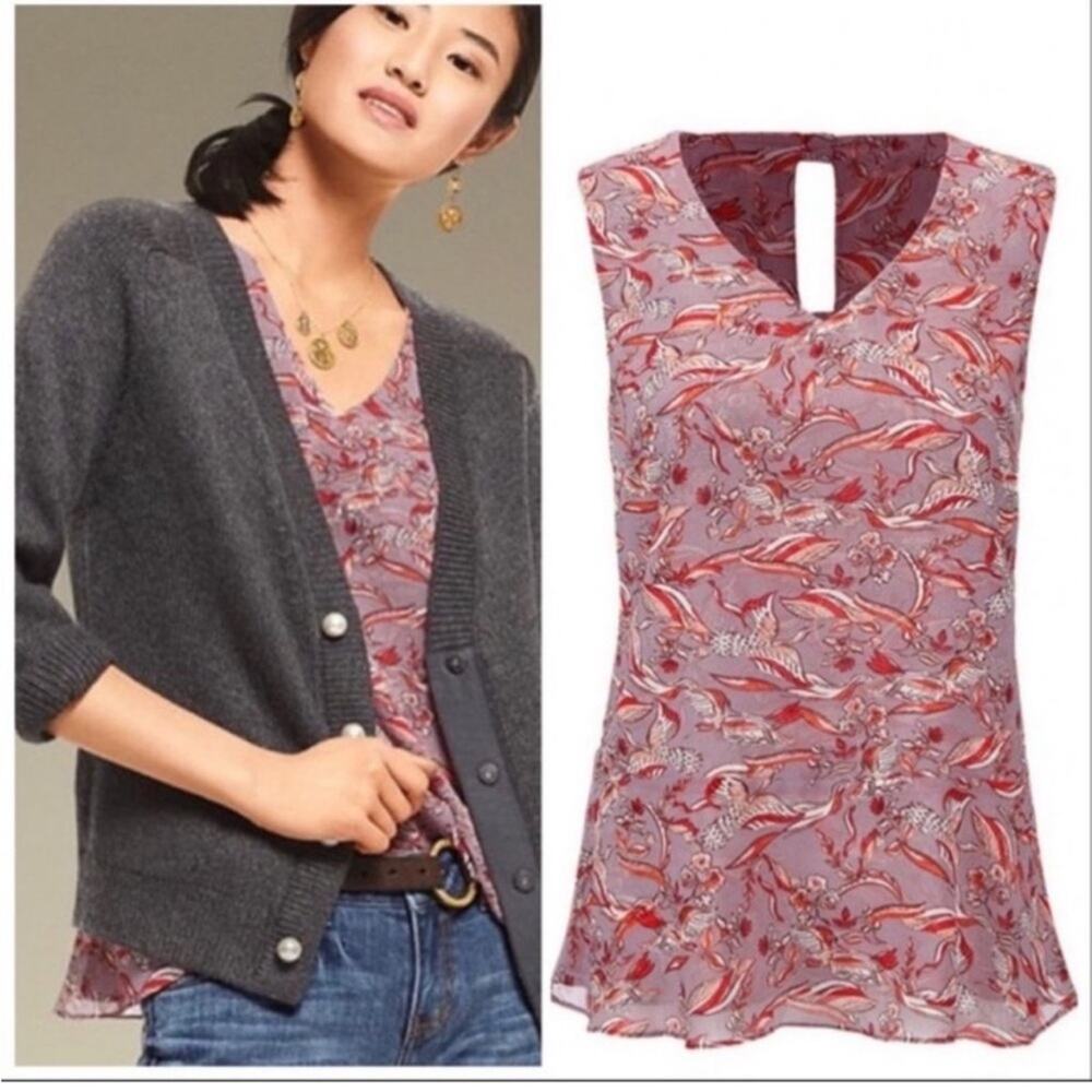 Cabi 3611 Good Luck Printed Bird Crane V-Neck Flowy Blouse with Back Bows Small
